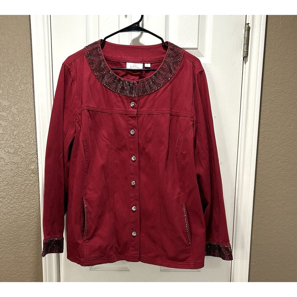 Quacker Factory Womens Embellished Maroon Denim Jacket Embellished Neck 1X